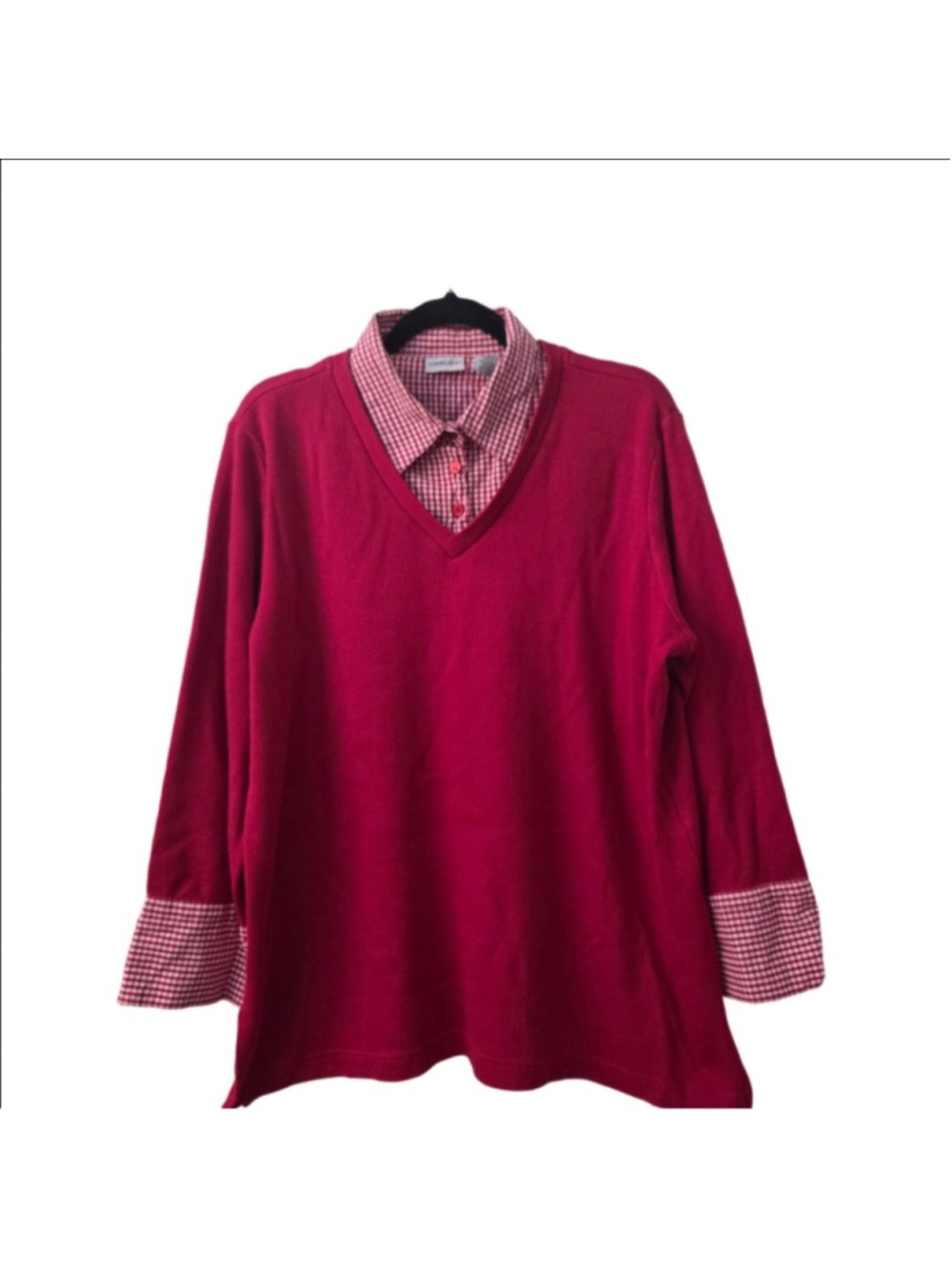 Cabin Creek Red Gingham Faux Layer V-Neck Sweater Womens 1X